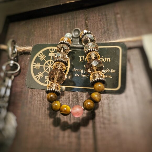 Gemstone beaded bracelet - Tiger eye, cherry quartz - brown and pink beads - Picture 2 of 3